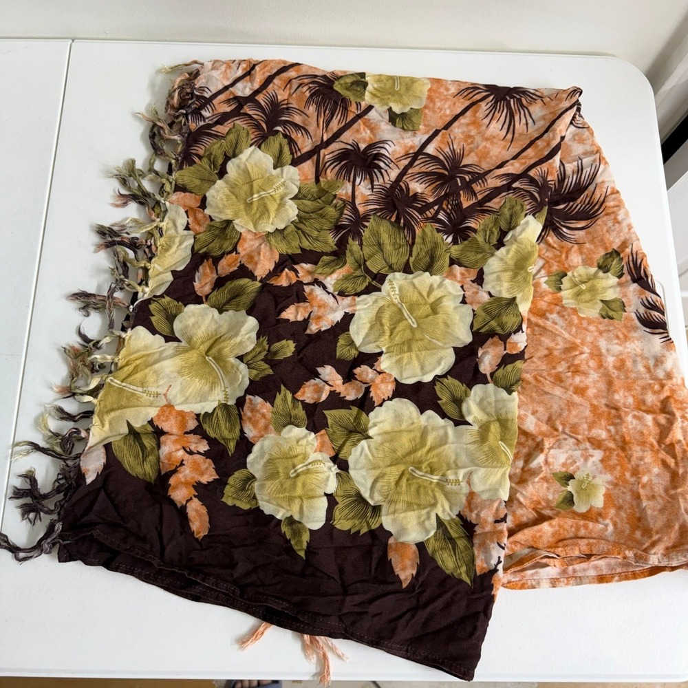 Women's brown tropical palm tree floral tassel fashion scarf accessories casual
